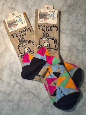 2 PAIR BUNDLE of Blue Q You Crafty B!!ch Crew Socks NWT women's Sizes 5-10